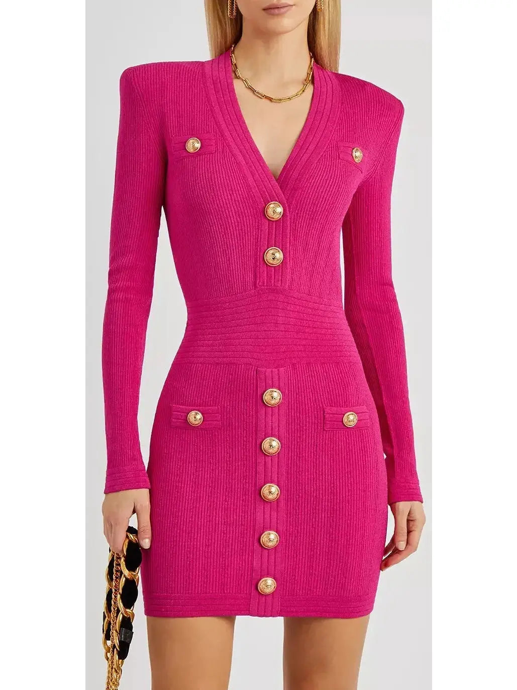 Fuchsia Ribbed Stretch-Knit Mini Dress - Dresses