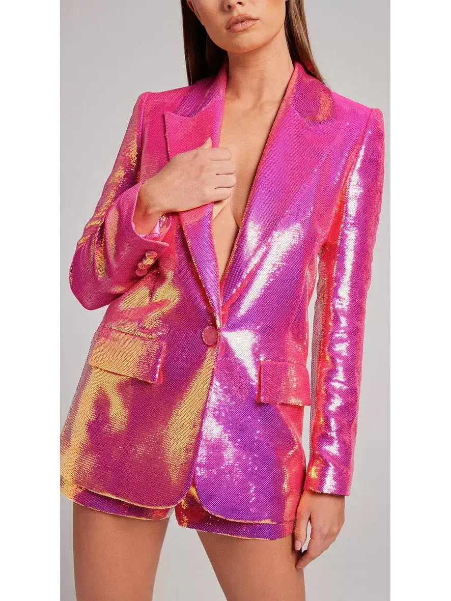 Fuchsia Sequin Embellished Blazer and Short Set - Suits & Sets