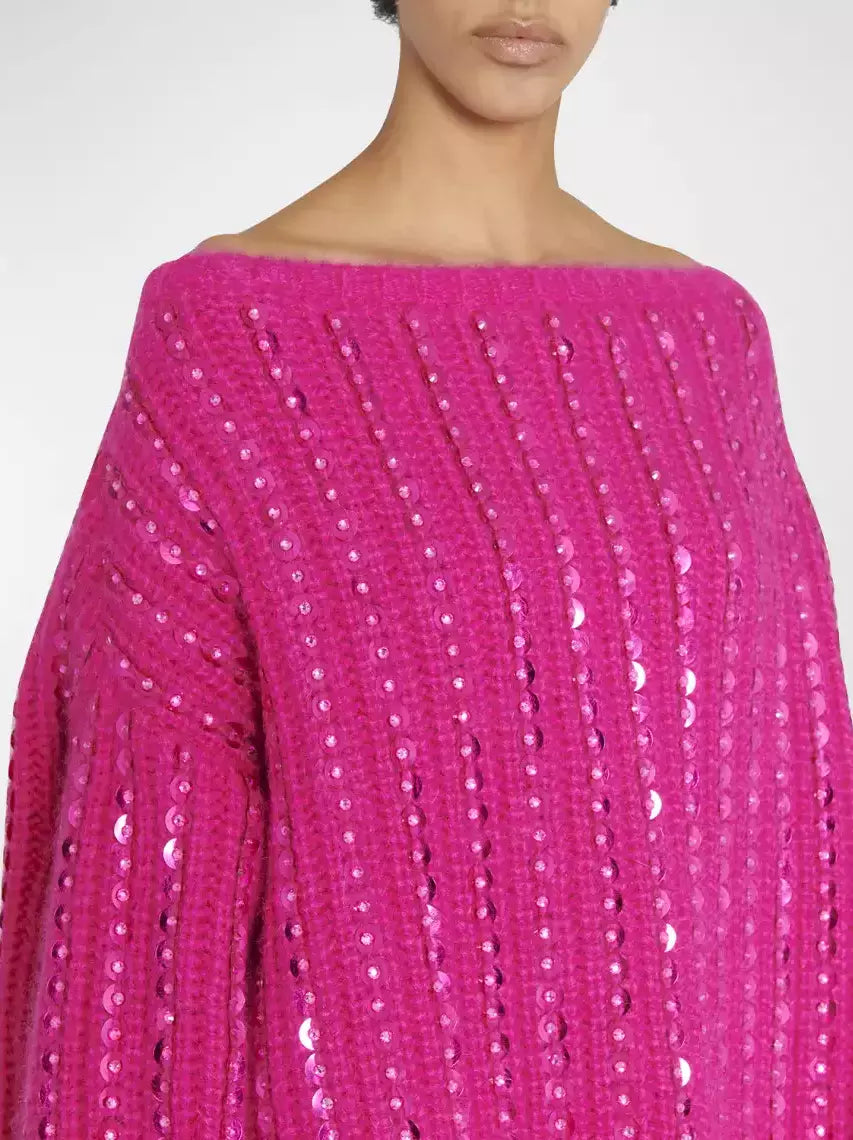 Fuchsia Sequin-Embellished Boat-Neck Wool Sweater - Sweaters & Knitwear