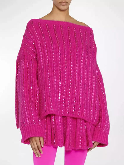 Fuchsia Sequin-Embellished Boat-Neck Wool Sweater - Sweaters & Knitwear