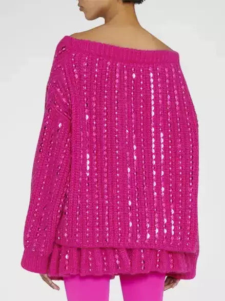 Fuchsia Sequin-Embellished Boat-Neck Wool Sweater - Sweaters & Knitwear