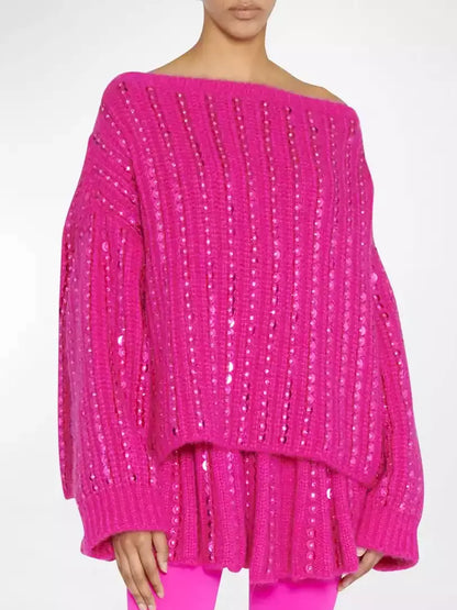 Fuchsia Sequin-Embellished Boat-Neck Wool Sweater - Sweaters & Knitwear