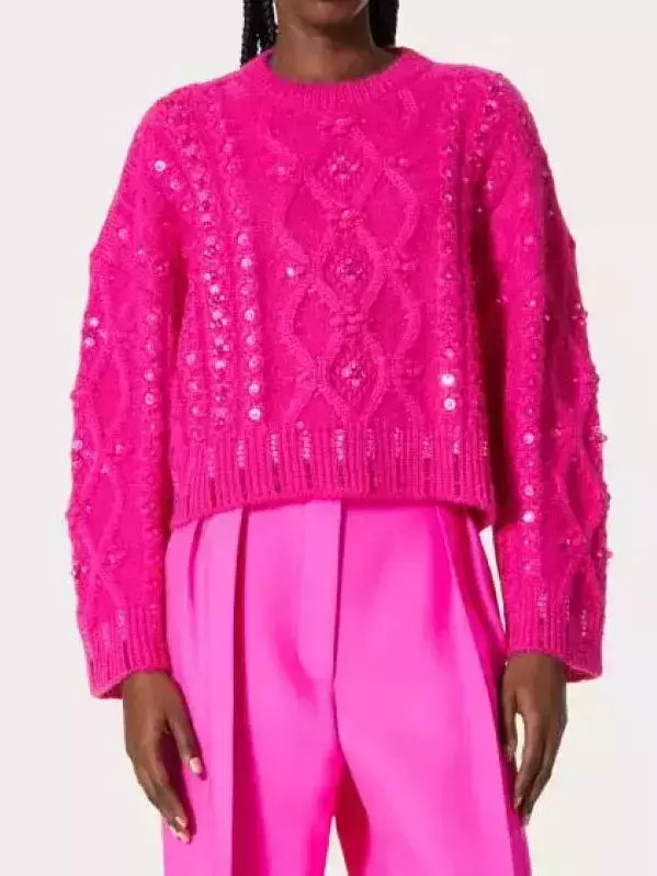 Fuchsia Sequin-Embellished Wool Sweater - Sweaters & Knitwear