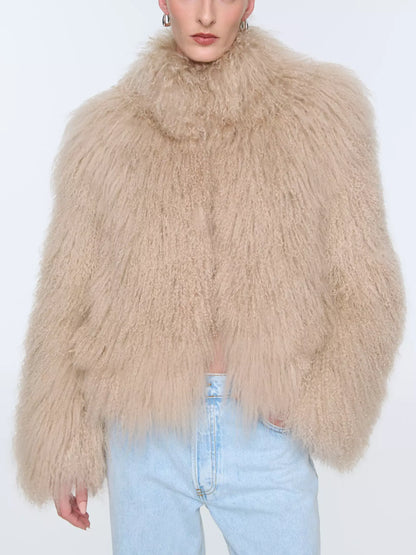 Full Mongolian Sheepskin Jacket in Beige - Jackets