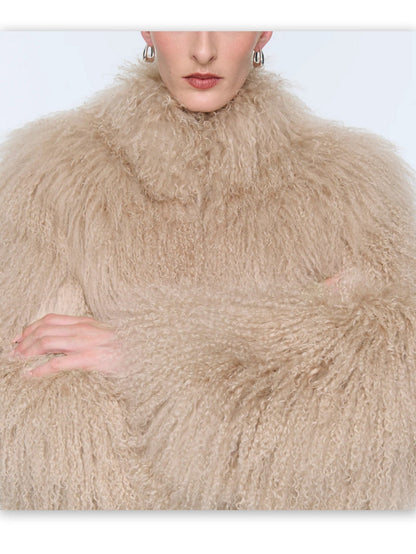 Full Mongolian Sheepskin Jacket in Beige - Jackets