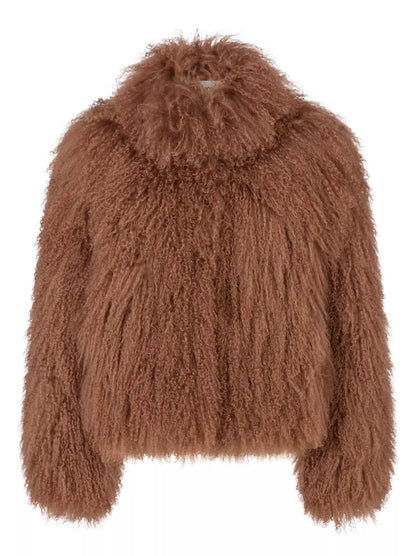 Full Mongolian Sheepskin Jacket in Camel Brown - Jackets