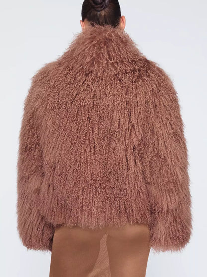 Full Mongolian Sheepskin Jacket in Camel Brown - Jackets