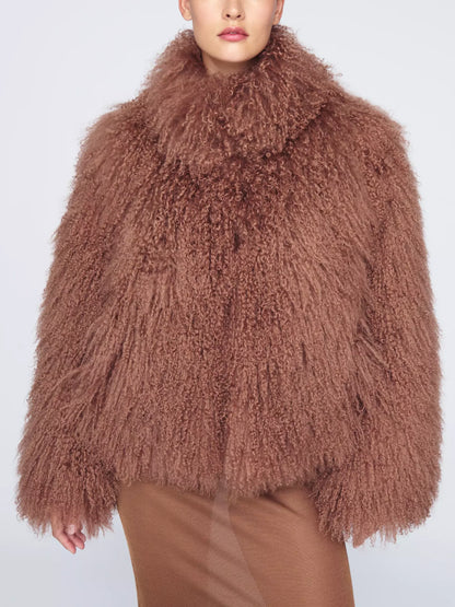 Full Mongolian Sheepskin Jacket in Camel Brown - Jackets