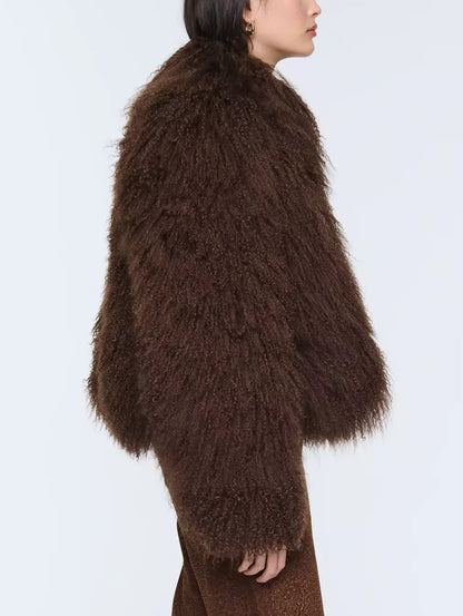 Full Mongolian Sheepskin Jacket in Dark Brown - Jackets