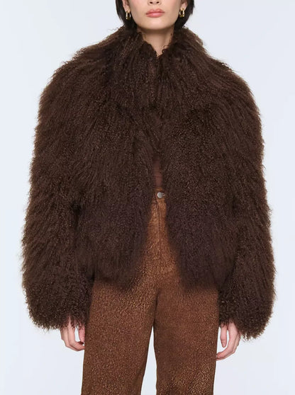 Full Mongolian Sheepskin Jacket in Dark Brown - Jackets