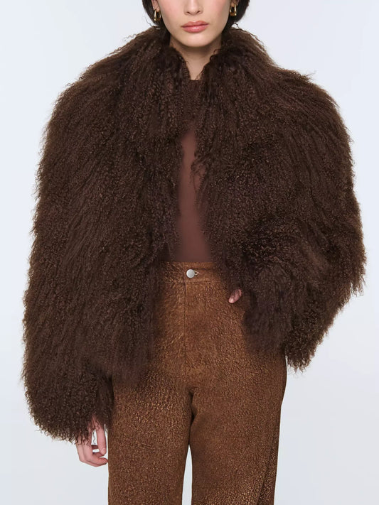 Full Mongolian Sheepskin Jacket in Dark Brown - Jackets