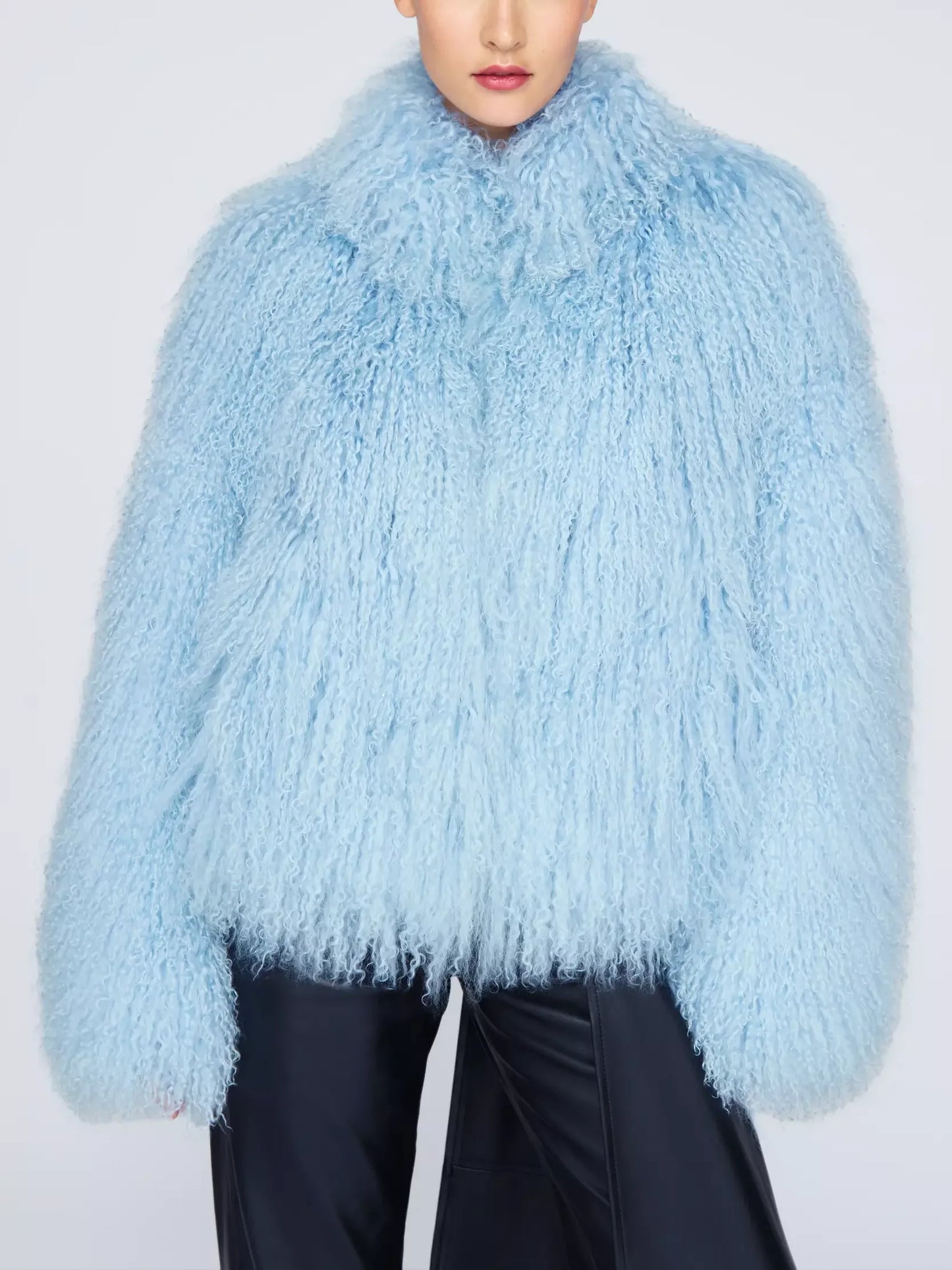 Full Mongolian Sheepskin Jacket in Light Blue - Jackets