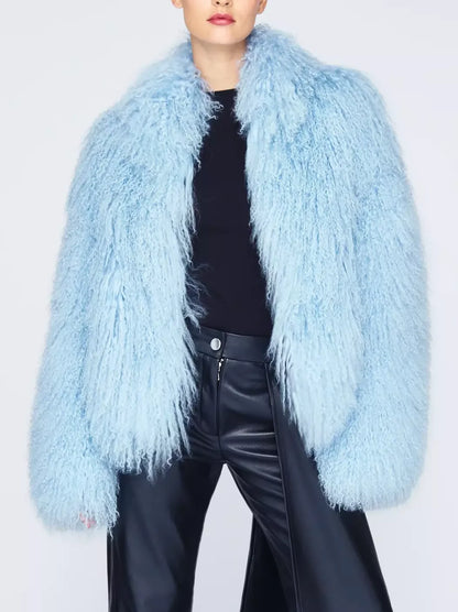 Full Mongolian Sheepskin Jacket in Light Blue - Jackets