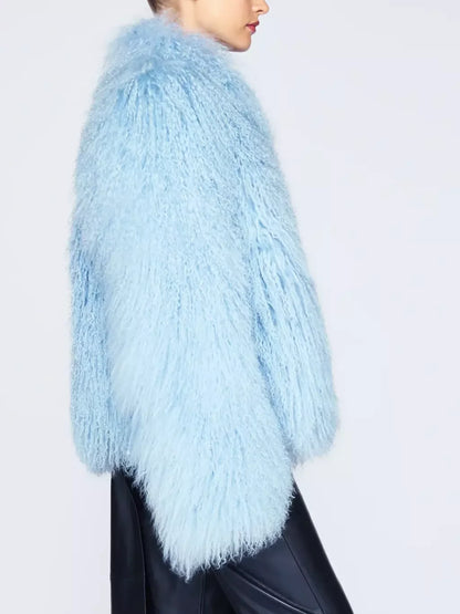 Full Mongolian Sheepskin Jacket in Light Blue - Jackets