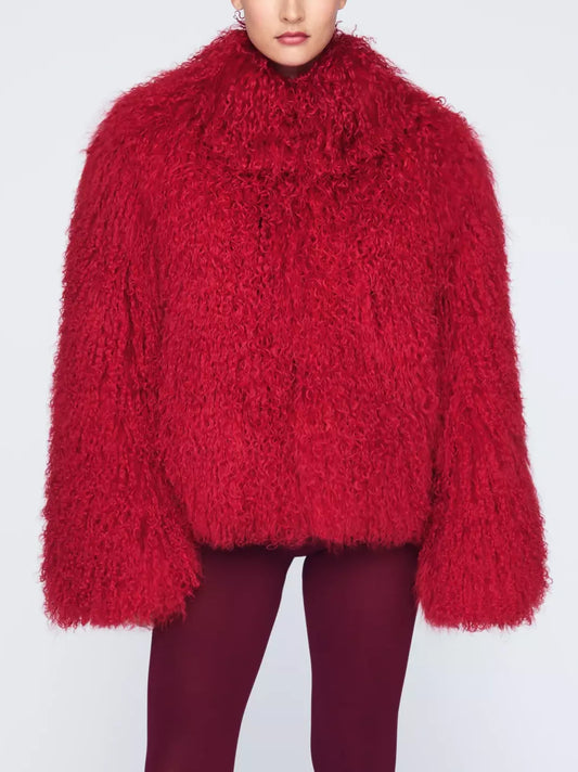 Full Mongolian Sheepskin Jacket in Red - Jackets