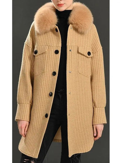 Fur-Collar Cardigan-Coat - Light Brown or Cream - Coats