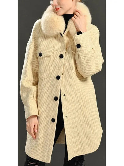 Fur-Collar Cardigan-Coat - Light Brown or Cream - Coats