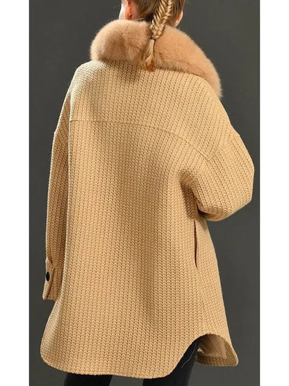 Fur-Collar Cardigan-Coat - Light Brown or Cream - Coats