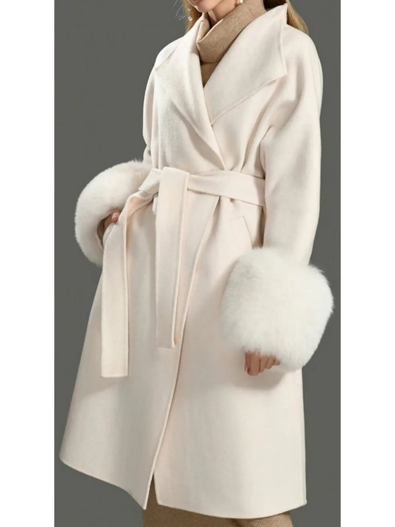 Fur-Cuffed Wrap Wool Cashmere Coat - Coats