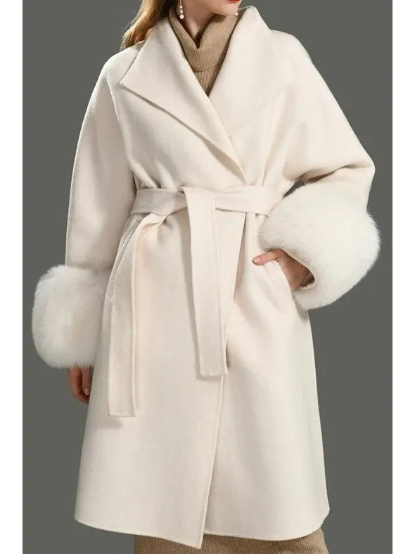 Fur-Cuffed Wrap Wool Cashmere Coat - Coats