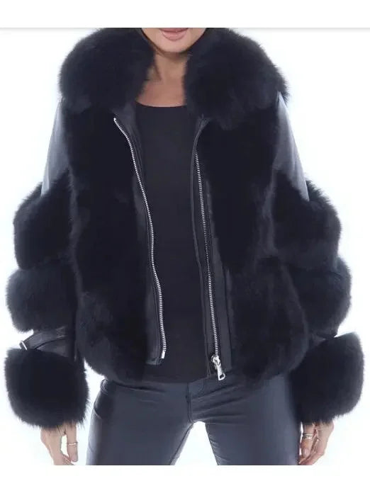 Fur-Panelled Leather Jacket Black - Jackets