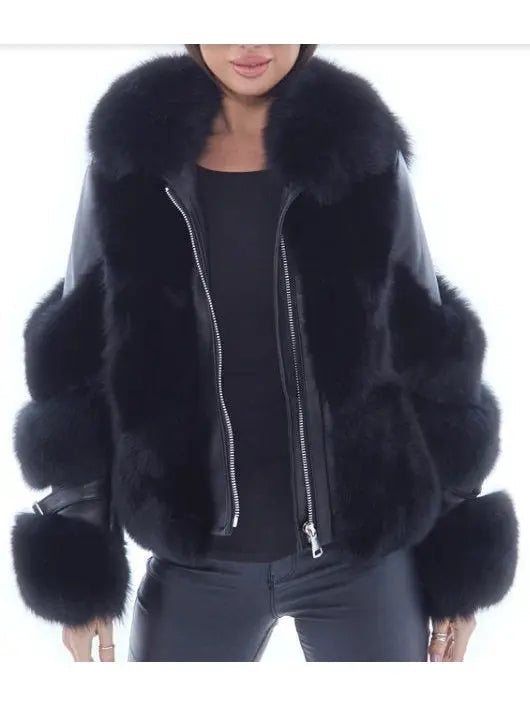 Fur-Panelled Leather Jacket Black - Jackets