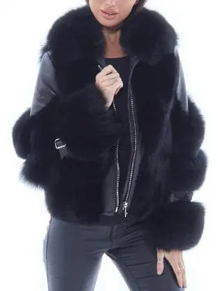 Fur-Panelled Leather Jacket Black - Jackets