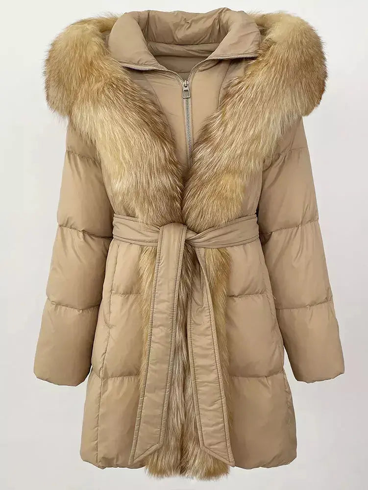 Fur-Trim Belted Down Coat in Beige - Coats