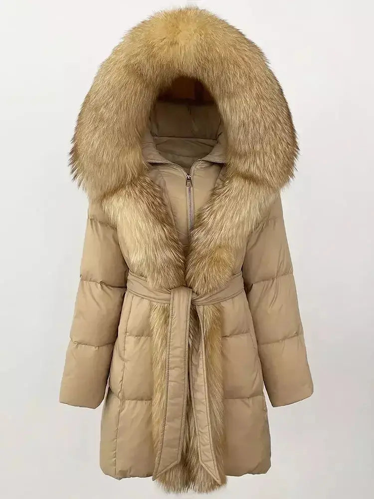 Fur-Trim Belted Down Coat in Beige - Coats