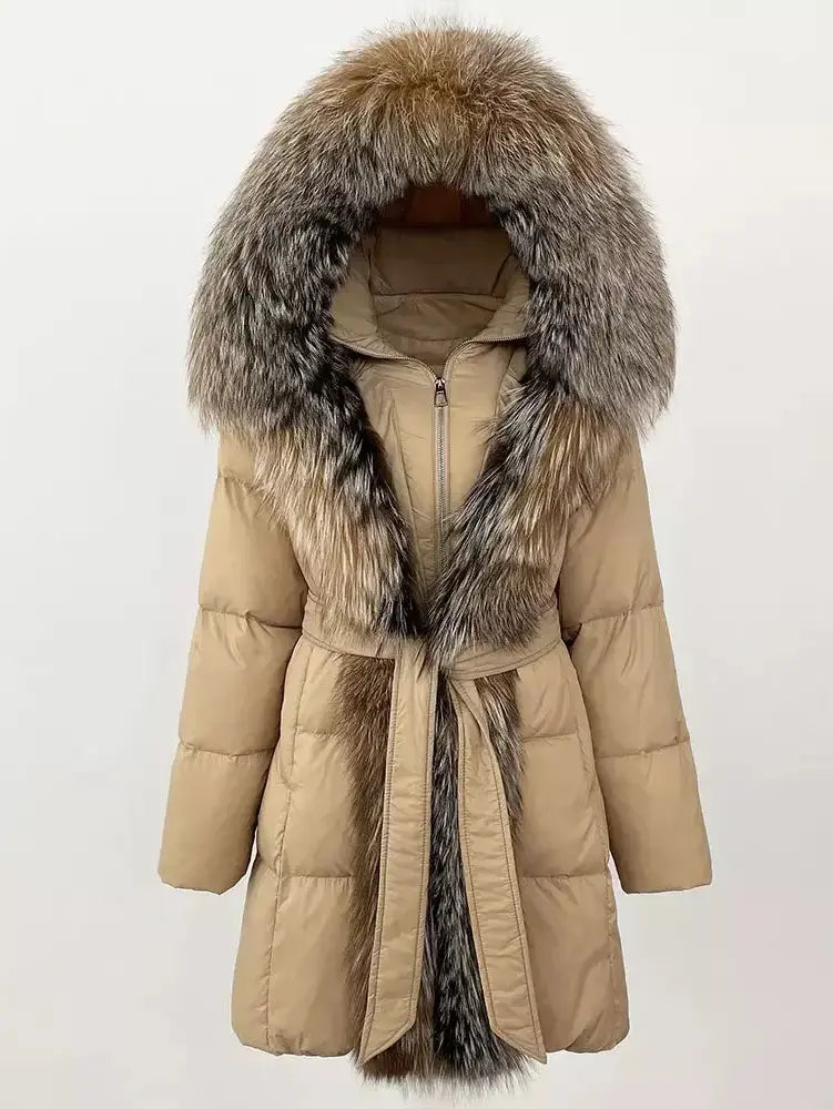 Fur-Trim Belted Down Coat in Beige with Natural Beige and Black Fur - Coats