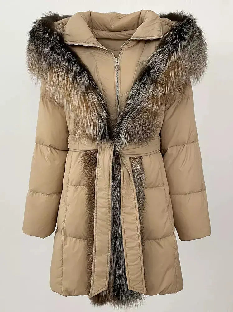 Fur-Trim Belted Down Coat in Beige with Natural Beige and Black Fur - Coats