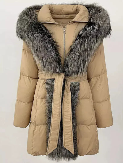 Fur-Trim Belted Down Coat in Beige with Natural and Black Fur - Coats