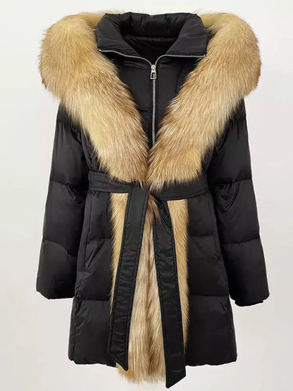 Fur-Trim Belted Down Coat in Black with Beige Fur - Coats