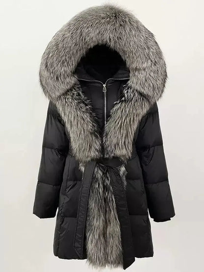 Fur-Trim Belted Down Coat in Black with Natural and Black Fur - Coats