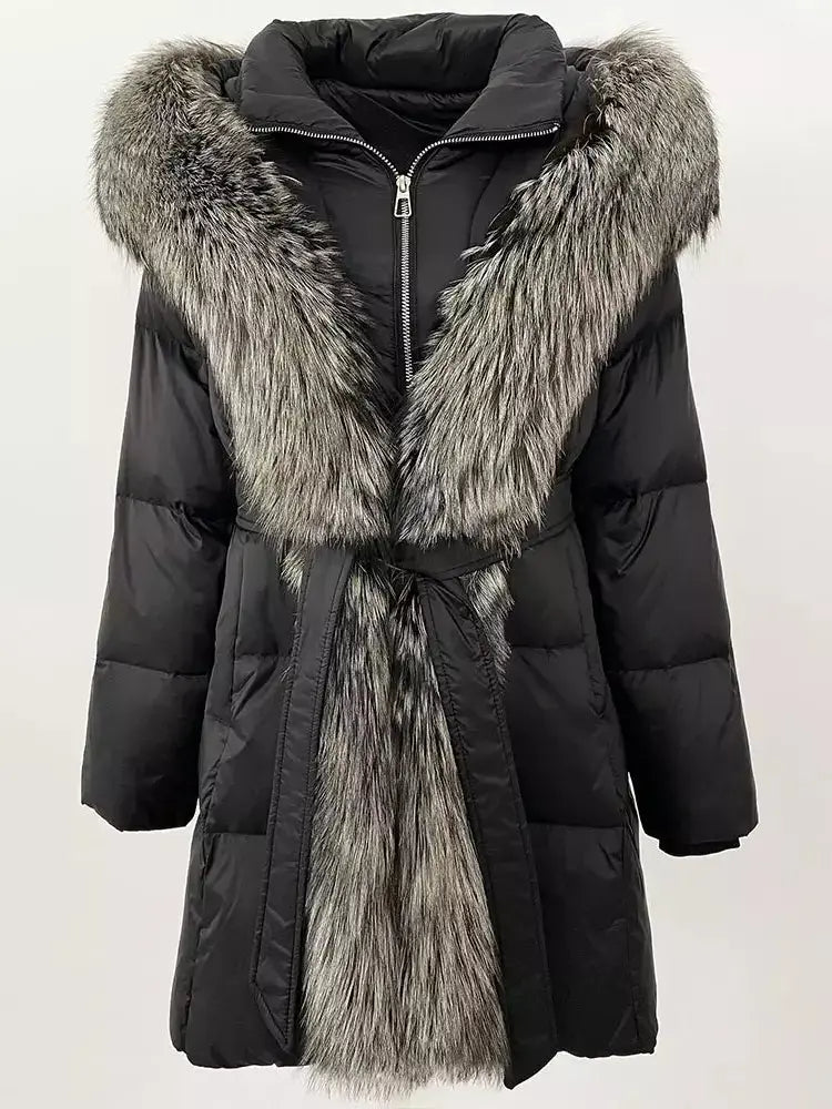 Fur-Trim Belted Down Coat in Black with Natural and Black Fur - Coats