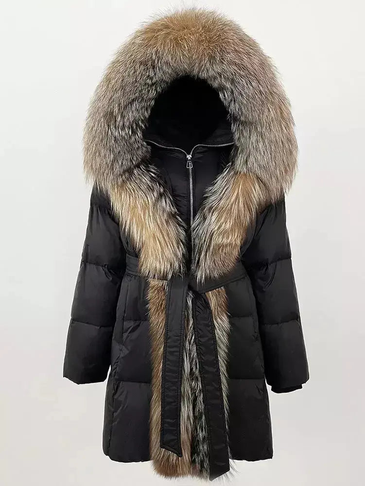 Fur-Trim Belted Down Coat in Black with Natural Beige and Black Fur - Coats