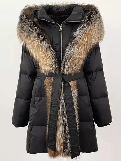 Fur-Trim Belted Down Coat in Black with Natural Beige and Black Fur - Coats