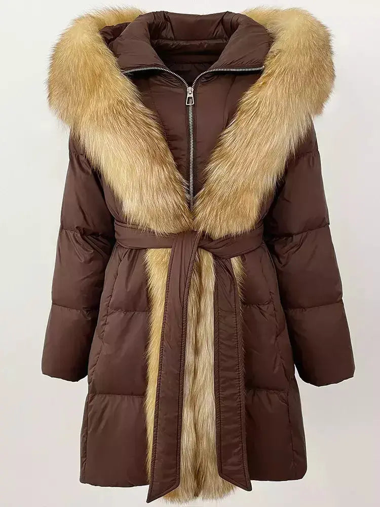 Fur-Trim Belted Down Coat in Brown with Beige Fur - Coats