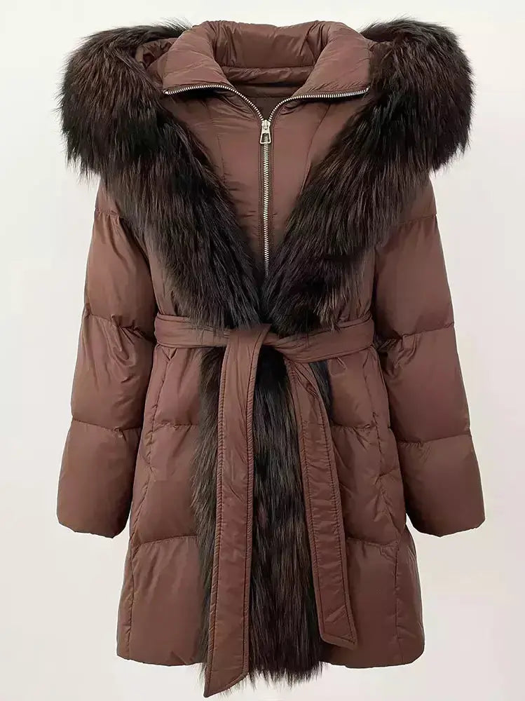 Fur-Trim Belted Down Coat in Brown with Dark Brown Fur - Coats