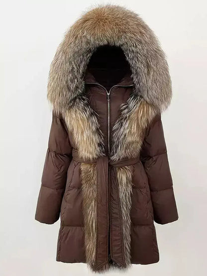 Fur-Trim Belted Down Coat in Brown with Natural and Beige Fur - Coats