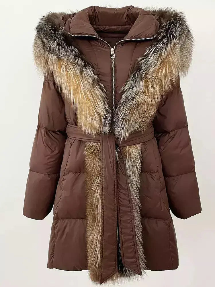 Fur-Trim Belted Down Coat in Brown with Natural and Beige Fur - Coats