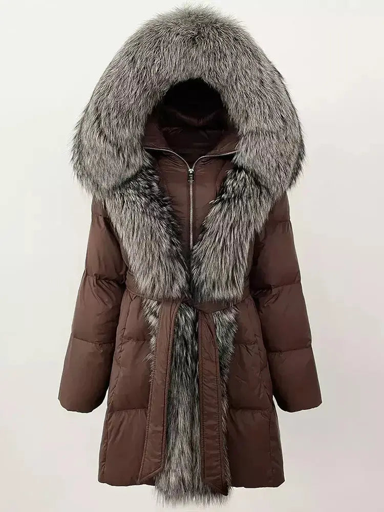 Fur-Trim Belted Down Coat in Brown with Natural and Black Fur - Coats