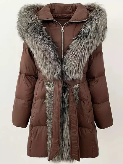 Fur-Trim Belted Down Coat in Brown with Natural and Black Fur - Coats