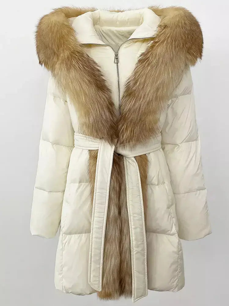 Fur-Trim Belted Down Coat in Cream with Beige Fur - Coats