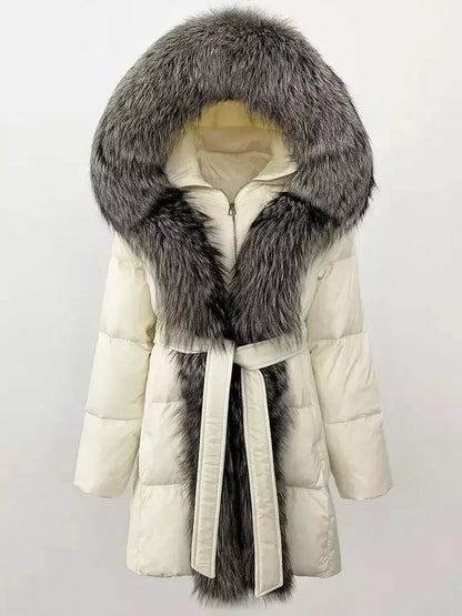 Fur-Trim Belted Down Coat in Cream with Natural and Black Fur - Coats