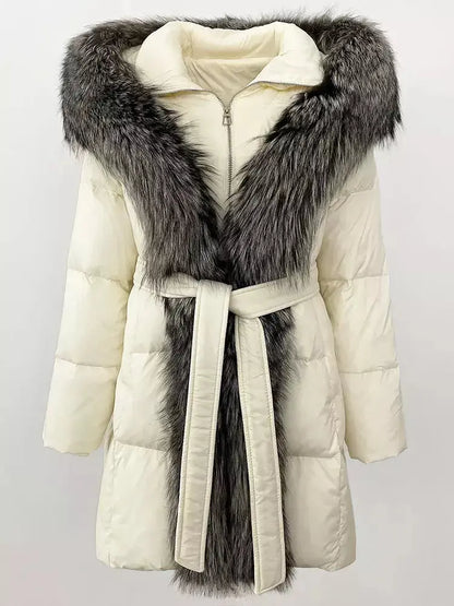 Fur-Trim Belted Down Coat in Cream with Natural and Black Fur - Coats