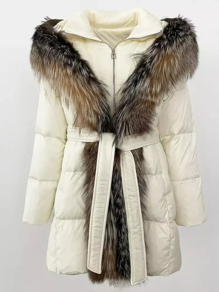 Fur-Trim Belted Down Coat in Cream with Natural Beige and Black Fur - Coats