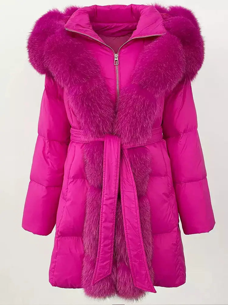 Fur-Trim Belted Down Coat in Fuchsia Pink - Coats