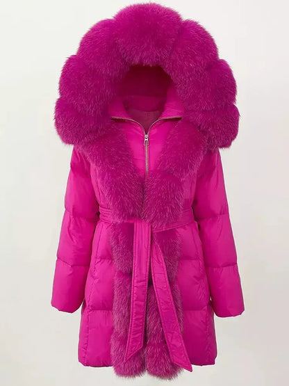 Fur-Trim Belted Down Coat in Fuchsia Pink - Coats