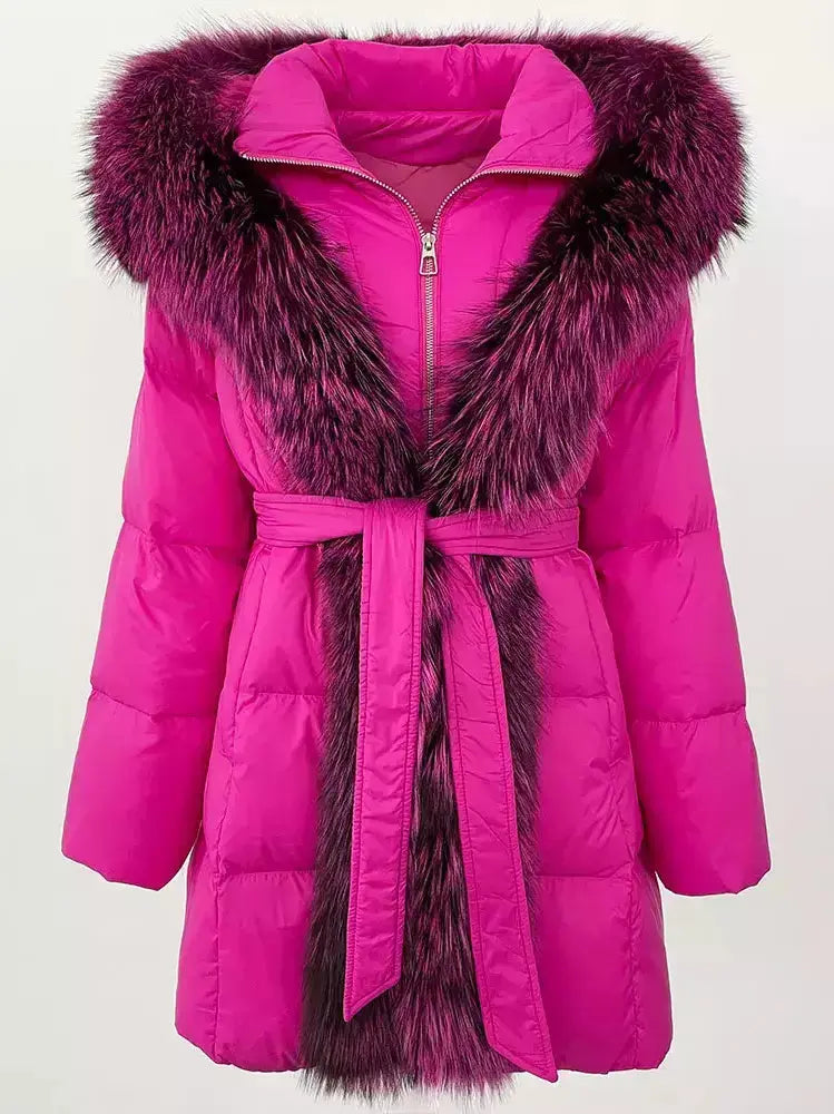 Fur-Trim Belted Down Coat in Fuchsia Pink with Pink and Black Fur - Coats